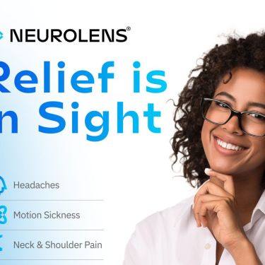 Woman wearing Neurolens glasses smiling – Neurolens relief from headaches and digital eye strain at Inspired Eyes Optometry Kelowna