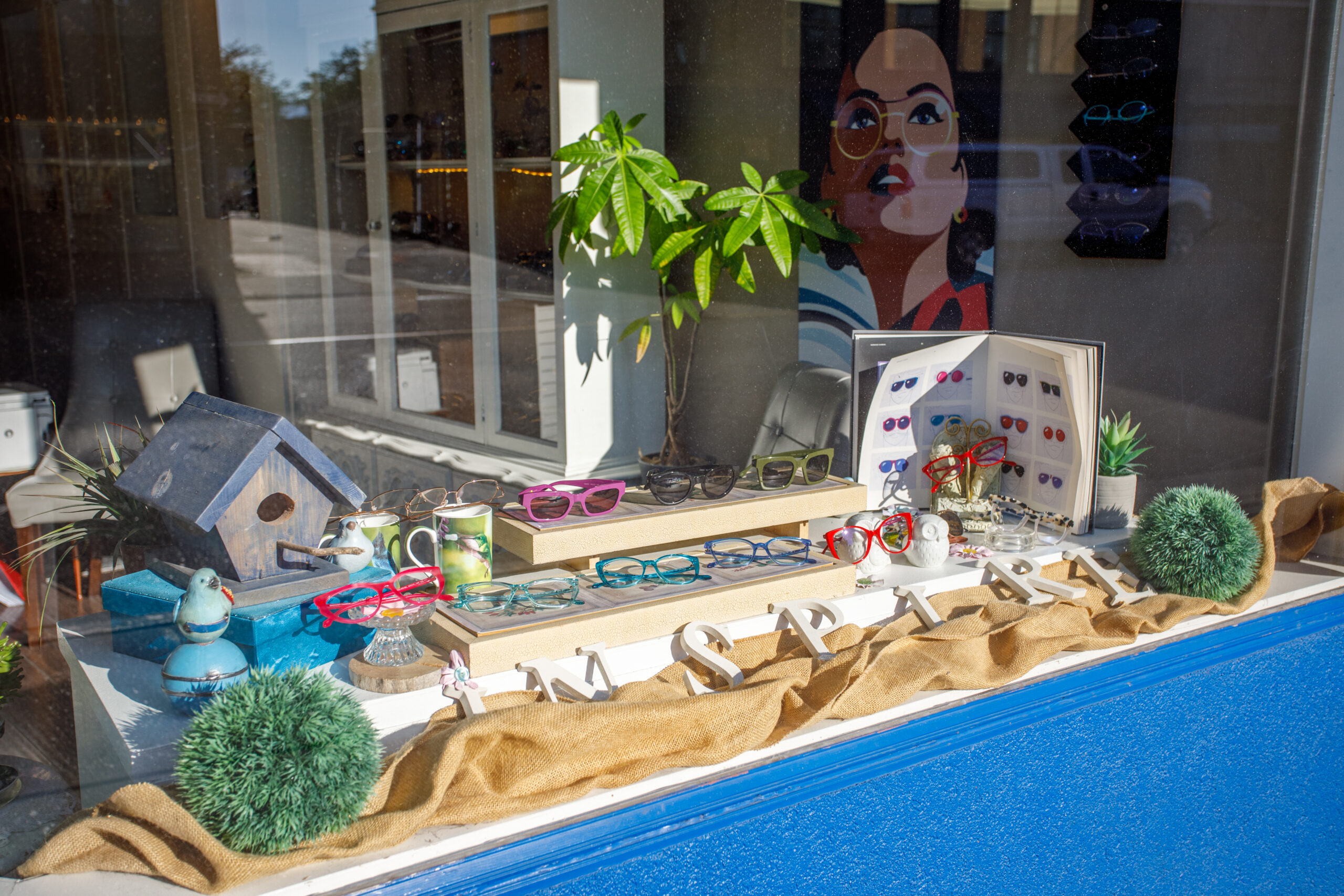 Colorful eyeglasses in a sunlit optical boutique window display