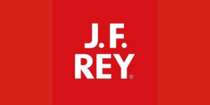 J.F. Rey eyewear logo in bold red background